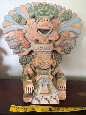 Handcrafted Terracotta Aztec Statue in Green & Peach maize God